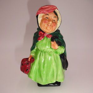 Vintage Royal Doulton Old Woman Figurine 4" Green Dress & Cape Red Bag Hat
